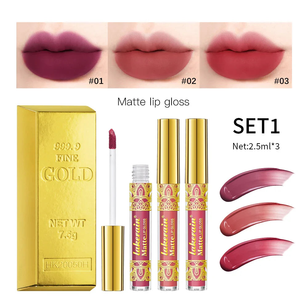Matte Lip Gloss Set – 3 Shades, Waterproof & Long-Lasting