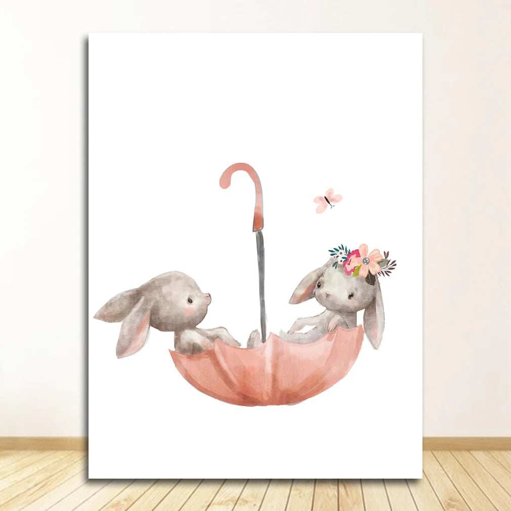 Pink Bunny Nursery Canvas Wall Art | Girls Baby Room Decor
