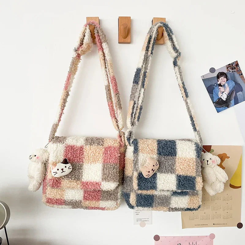 Lambskin Checkered Single-shoulder Bag Women Small Crossbody Bag Casual Cute Messenger Bags Girls Zipper Purse Lamb Like Tote Peaceful Pleasures Health and Wellness