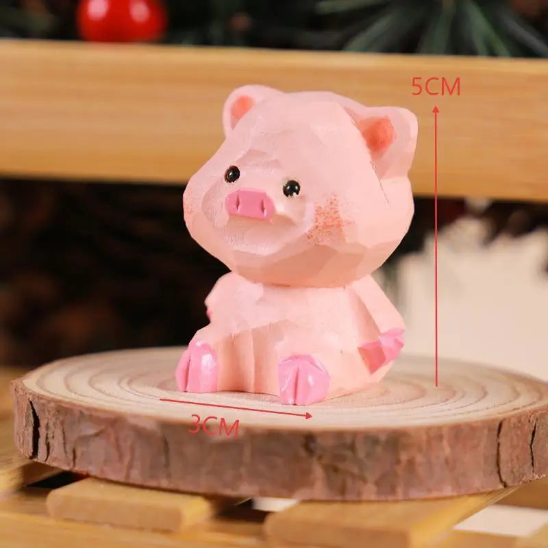 Handmade Wooden Pig Figurine Fu Character Desk Ornament Gift