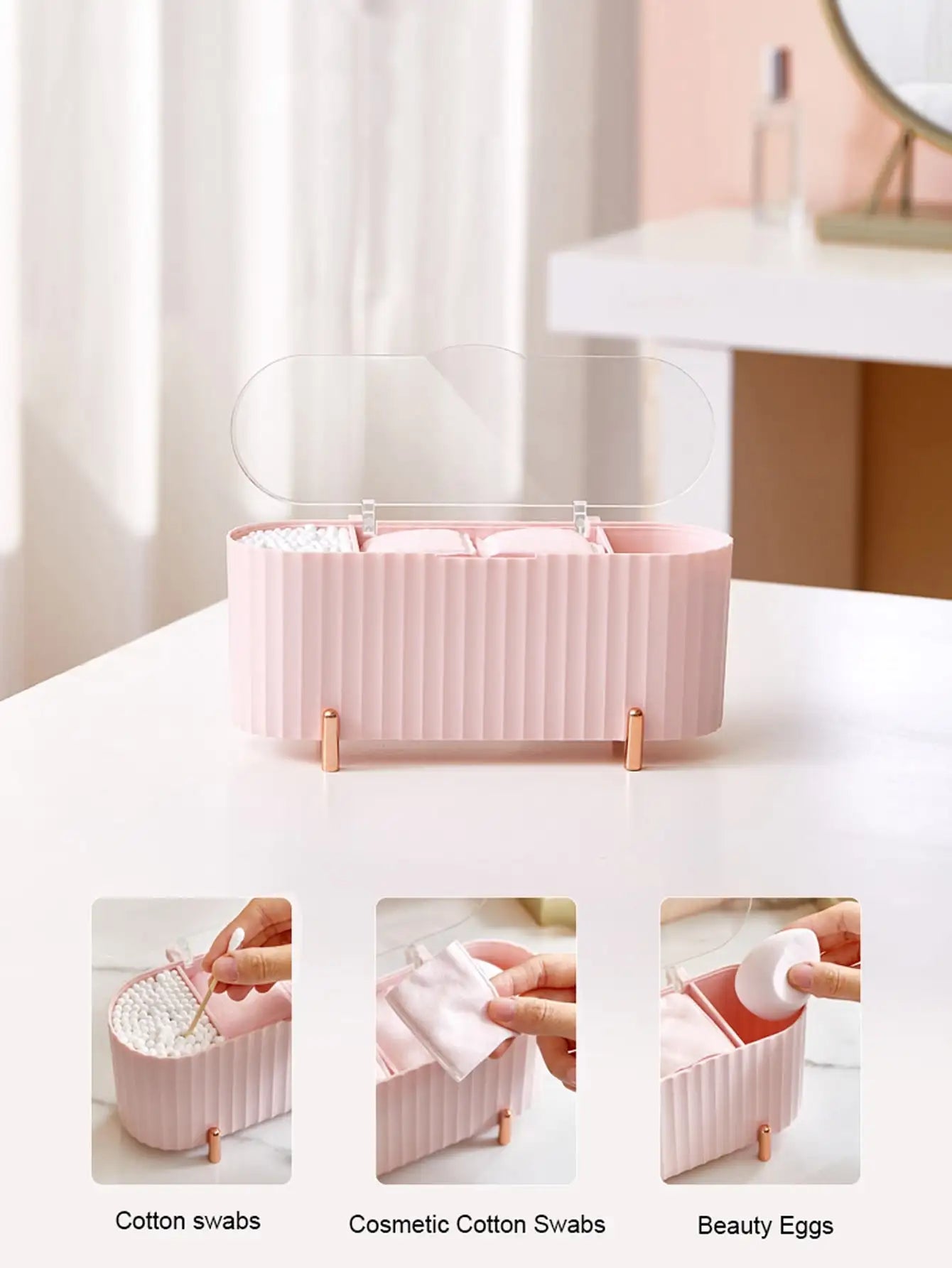 1Pcs 3-Compartment Cosmetic Cotton Storage Box Transparent Dustproof Covered Cosmetic Cotton Desktop Storage Box Peaceful Pleasures Health and Wellness