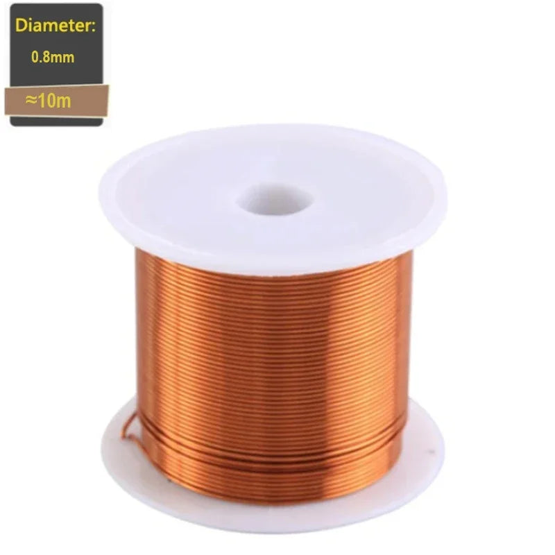 Spool of copper wire with label indicating diameter and length on a white background