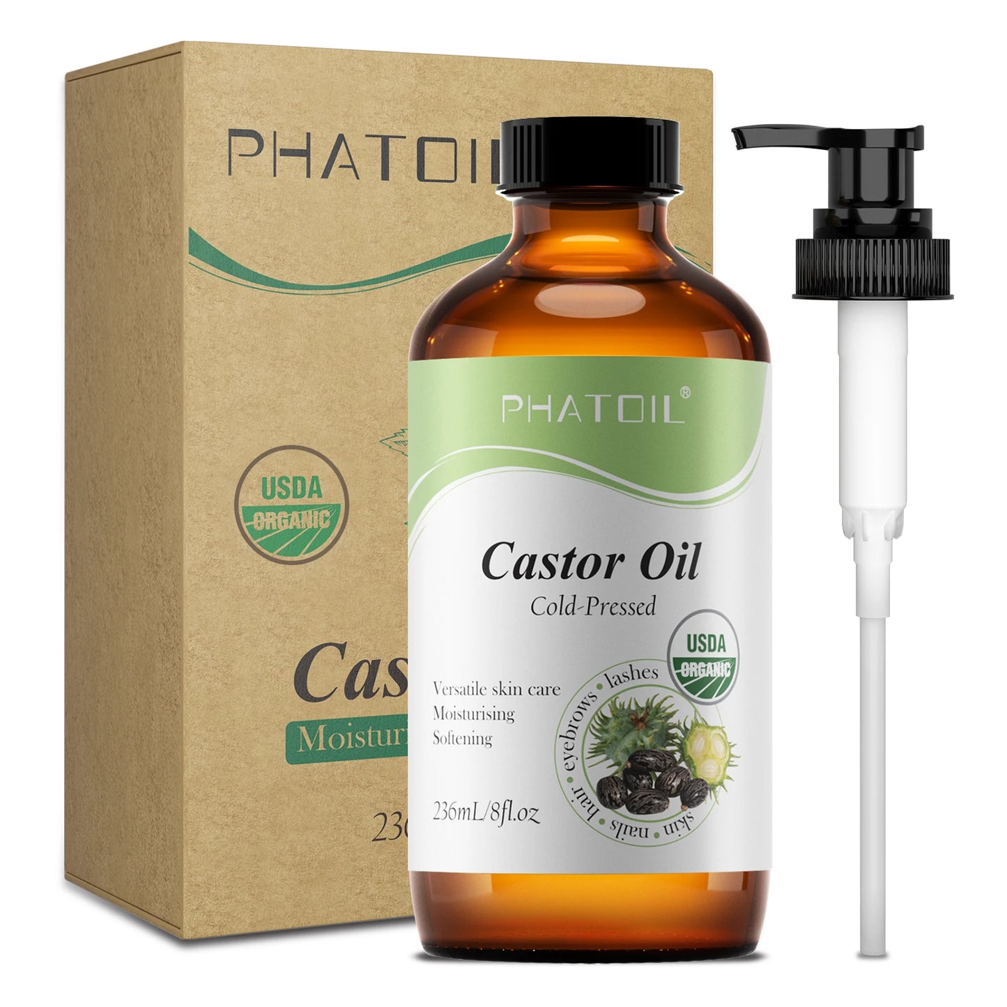 PHATOIL 236ml/118ml Organic Cold-Pressed Castor Oil For Eyelashes & Eyebrows,Hair Growth,Skin & Nails Care-Natural Castor Oils Peaceful Pleasures Health and Wellness 236ml Castor Oil Other