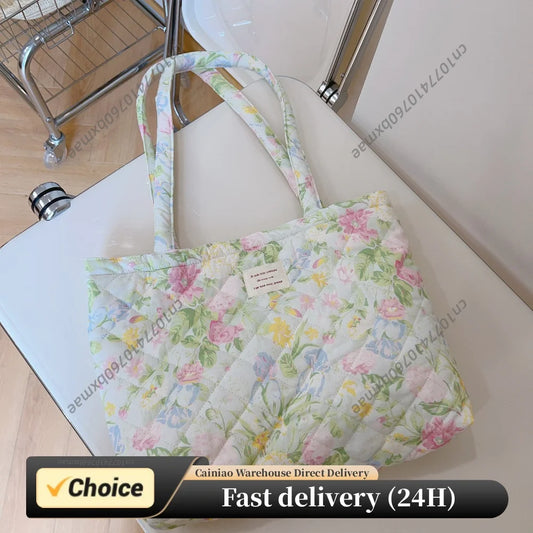 Women Quilted Cotton Laptop Work Tote Bag Lightweight Flower Print Shoulder Bags French Styles Armpit Bags for Daily Travel Work Peaceful Pleasures Health and Wellness