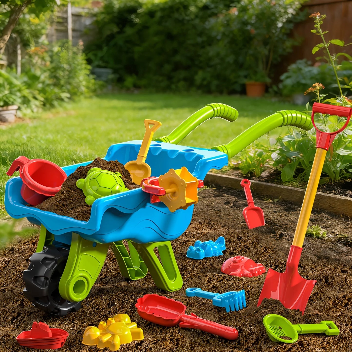 Kids Beach Sand Toy Set – Wheelbarrow, Water Wheel, Shovels & Molds