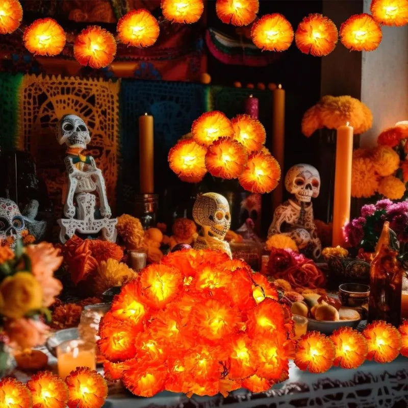 5 Ft LED Orange Marigold Garland Lights | Halloween Diwali Décor