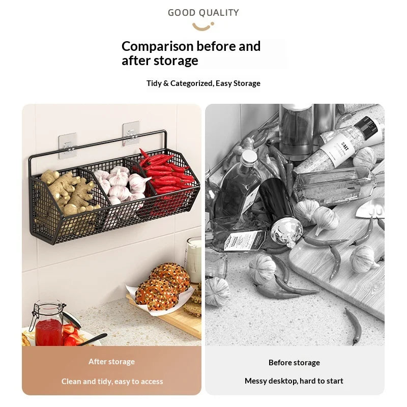 Space Saving No Drill Wall Mounted Organizer for Ginger Garlic Onion Storage Ideal for Kitchen Small Apartment Cooking Use Peaceful Pleasures Health and Wellness