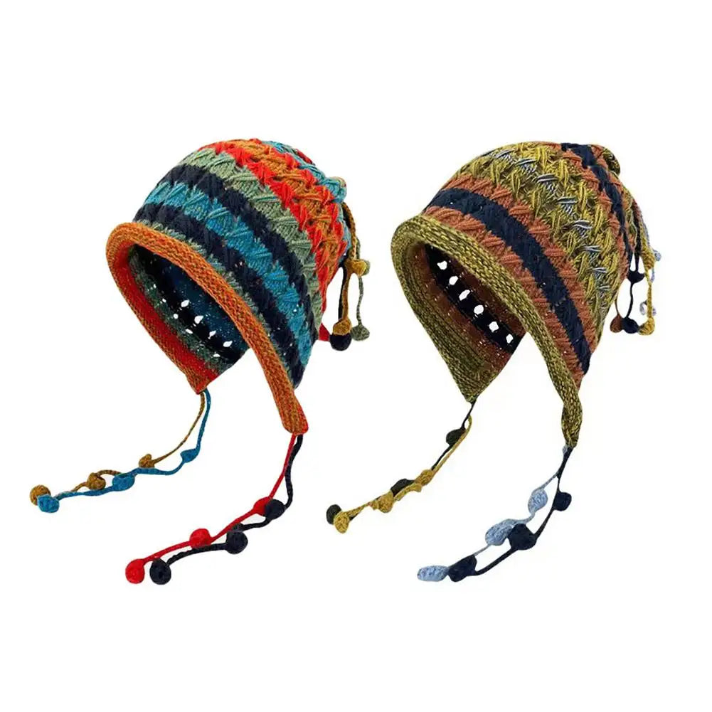 Rainbow Striped Knit Beanie Hat – Women's Winter Ear Protection