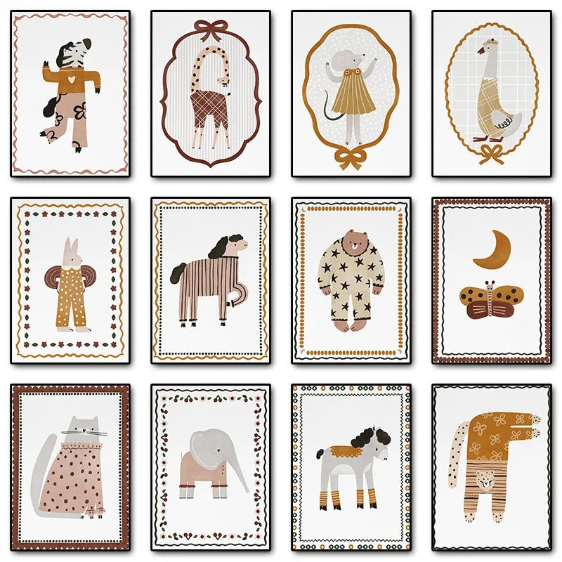 Boho Nursery Canvas Wall Art | Cute Animals Kids Room Decor