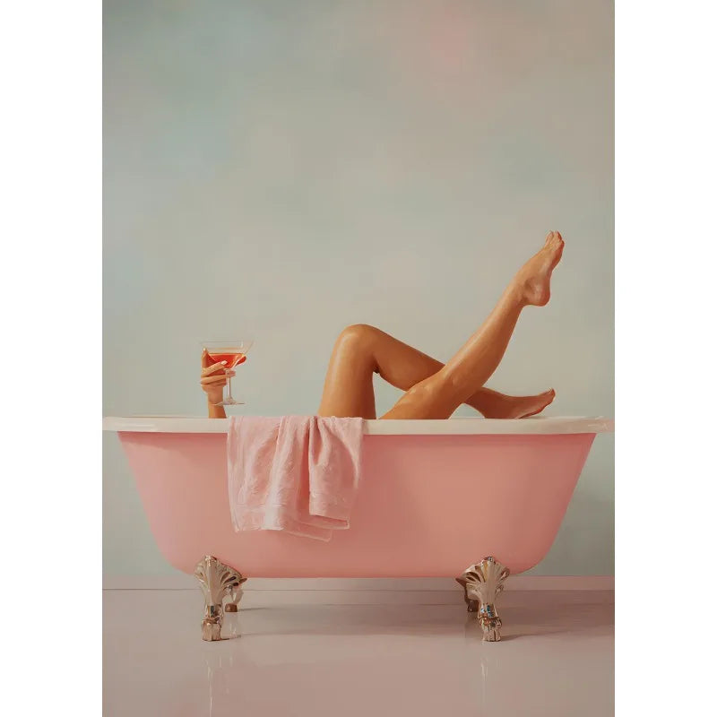 Retro Martini Girl Bathtub Canvas Wall Art | Glam Bathroom Decor