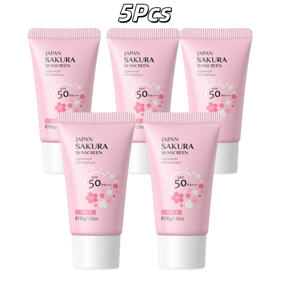LAIKOU Japan Sakura Sunscreen SPF 50+ Brightening Sunblock Cream Face Body Moisturizing Isolating UV Protector 30g Peaceful Pleasures Health and Wellness 5Pcs