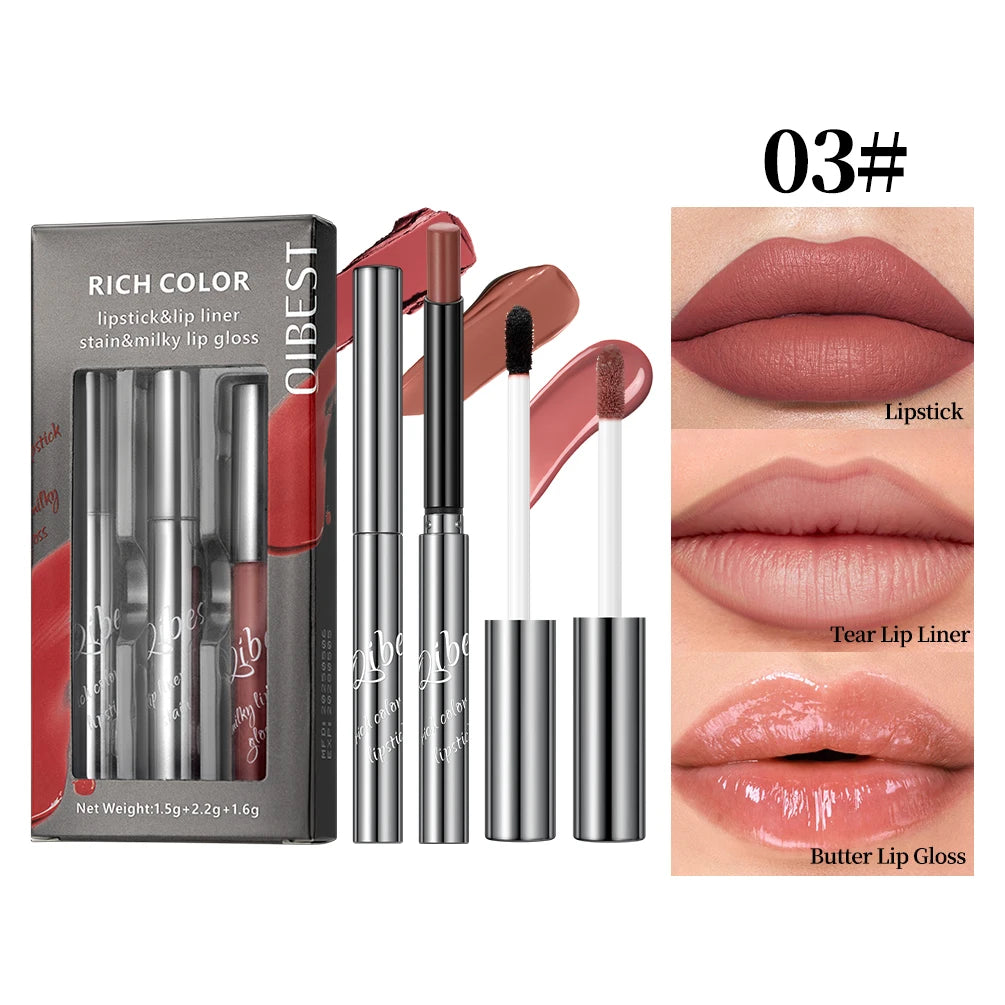 QIBEST New 3pcs Liquid Lipstick + Lip Liner +Lip Glaze Makeup Set Nude Black Velvet Lip Gloss Tint Long Lasting Cosmetics Kits Peaceful Pleasures Health and Wellness SET 03