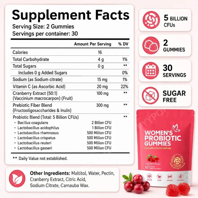 Women's Probiotic Gummies 5B CFUs Cranberry Prebiotic 60ct