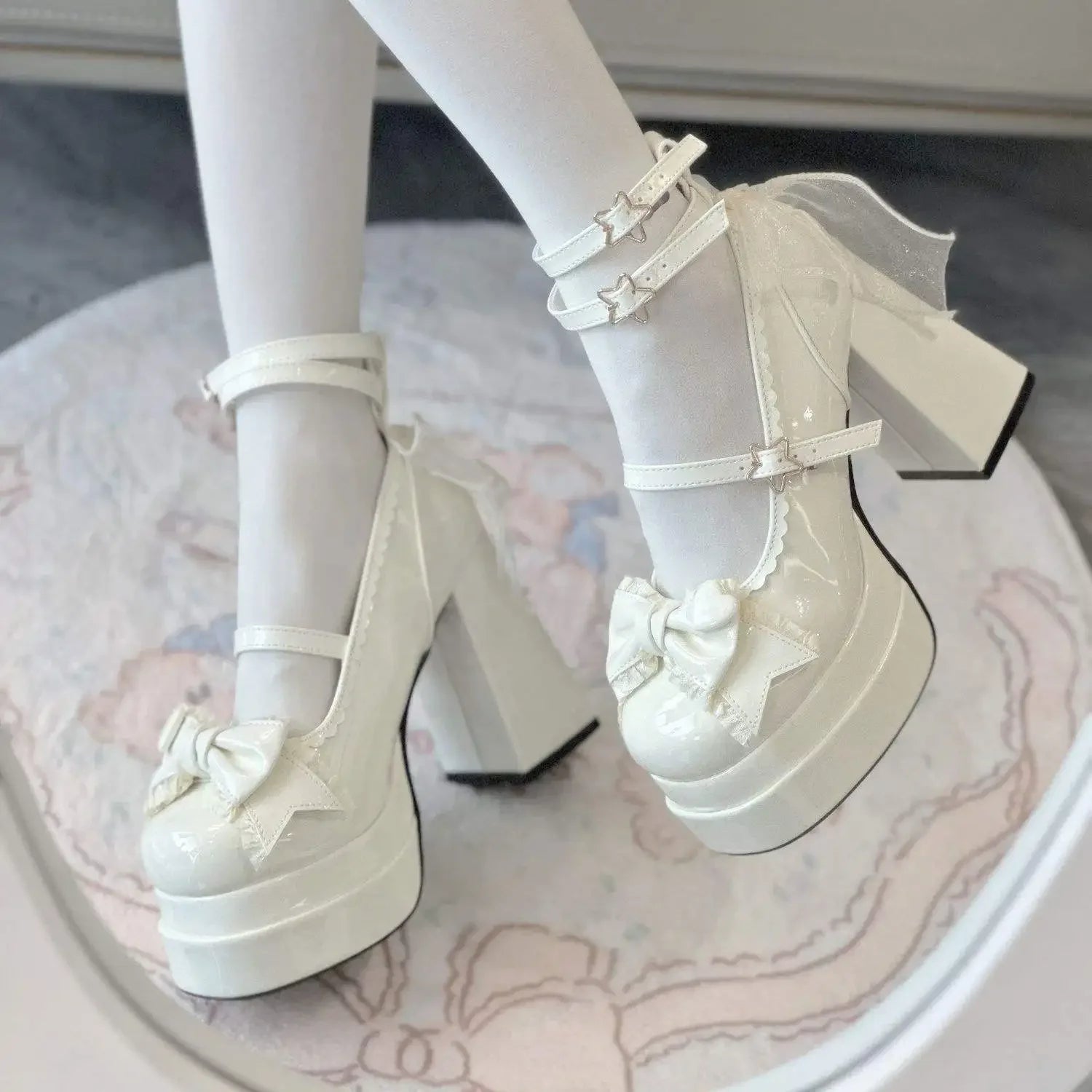 Fashion Versatile Sweet Cute Round Head High Heels Party Shoes New Lolita Flat Bottom Shoes Artificial Leather Party High Heels Peaceful Pleasures Health and Wellness