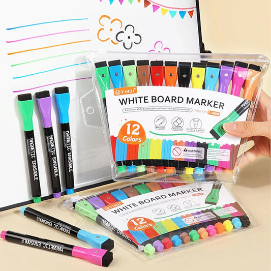 Erasable Magnetic Whiteboard Markers with Built-In Eraser | 12 Colors Dry Erase Markers Oasis Select
