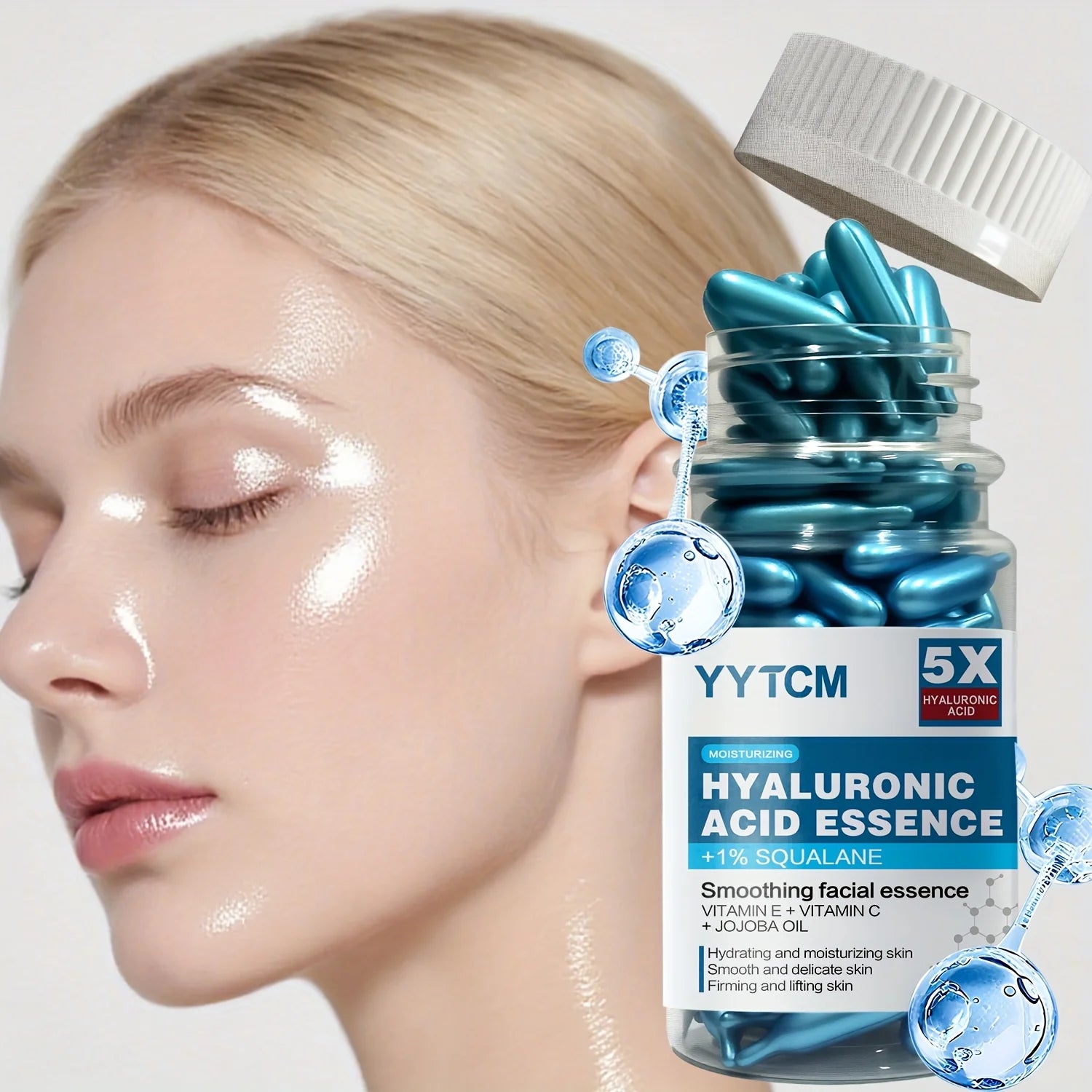 Hyaluronic Acid Deep Moisturizing Capsule Essence, Hydrates and Smooths the Skin, Contains Plant-Derived Squalane, Vitamin E, Vitamin C, Deep Moisturizing and Brightening Skin Essence (0.4Gx90 Capsules)/Bottle-1 Bottle Peaceful Pleasures Health and Wellness