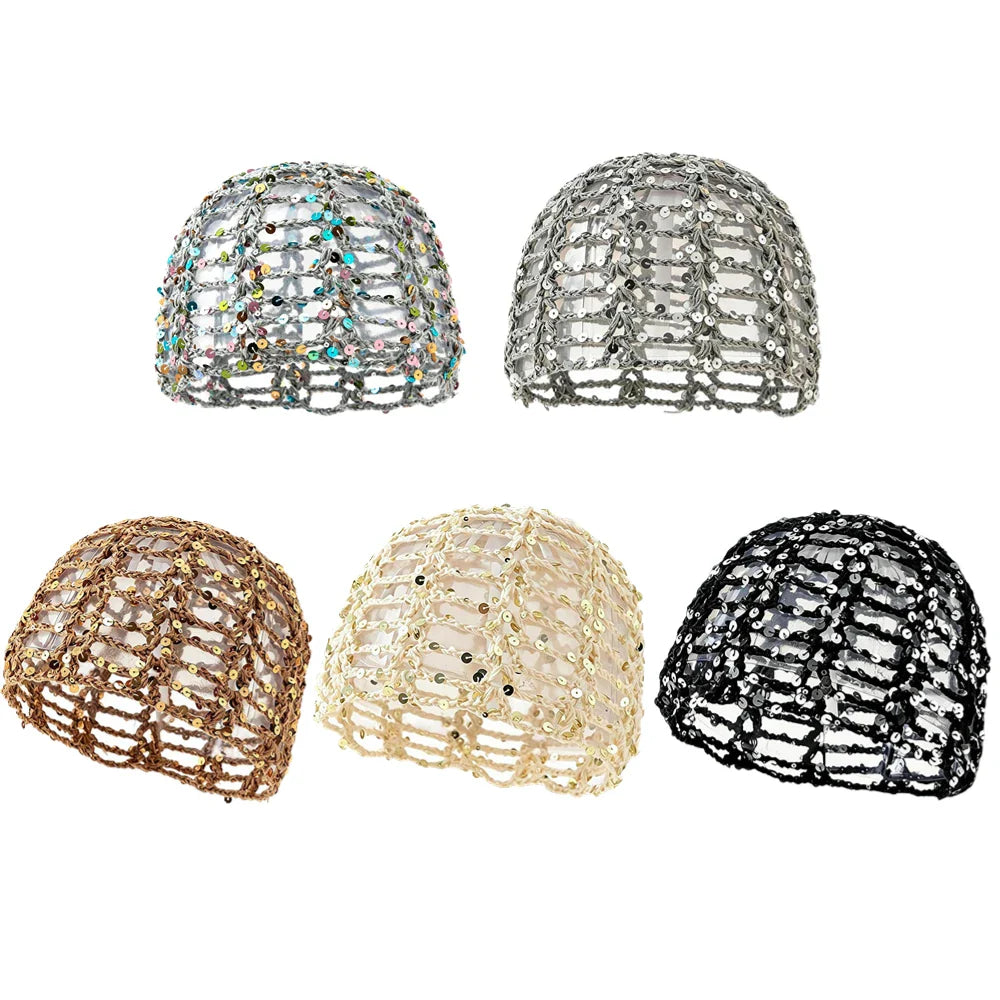 Y2K Sequined Crochet Beanie – Fishnet Pullover Hat for Women