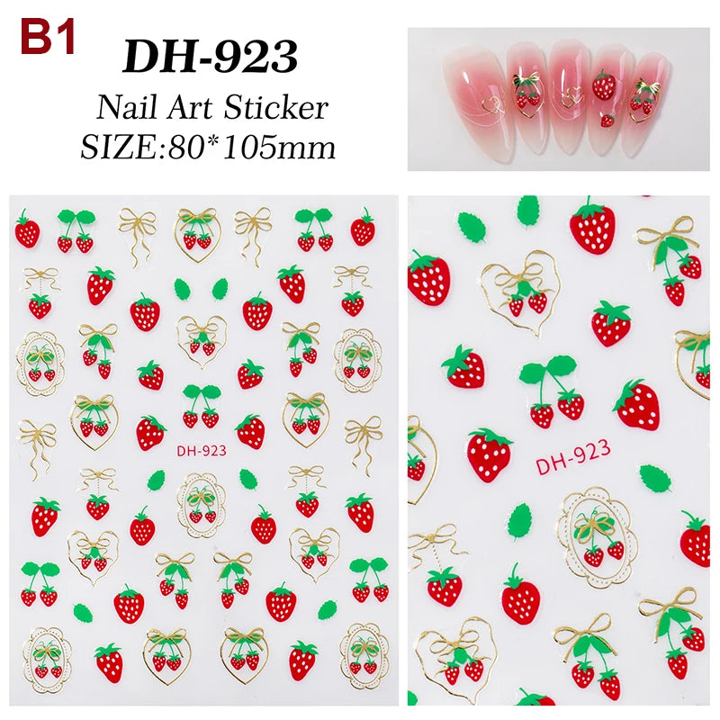 Fresh Sweet Fruits Strawberry Cherry Bowknot Love Heart Bow 5D Nail Art Stickers Self Adhesive Decorations Nail Manicure Decal Peaceful Pleasures Health and Wellness B1