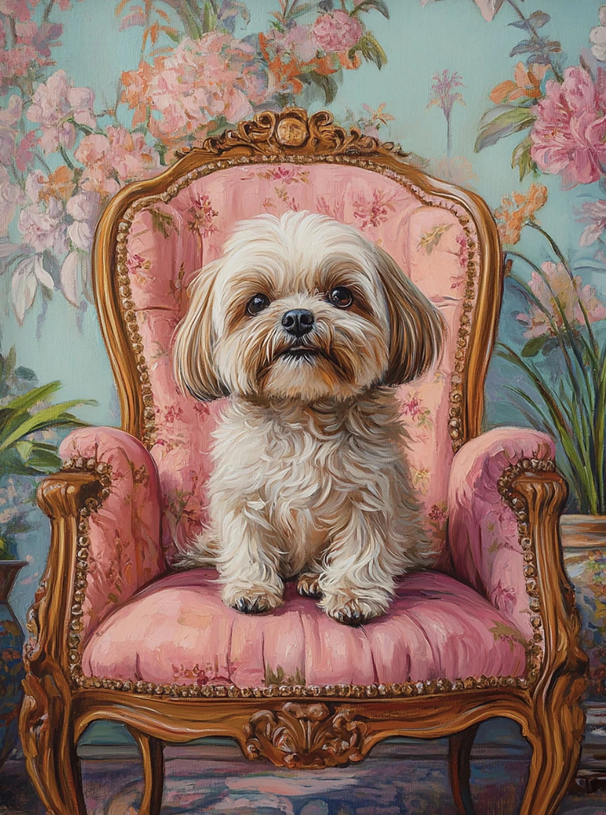 Dog on Stool Retro Canvas Wall Art | Bichon Frise Pomeranian
