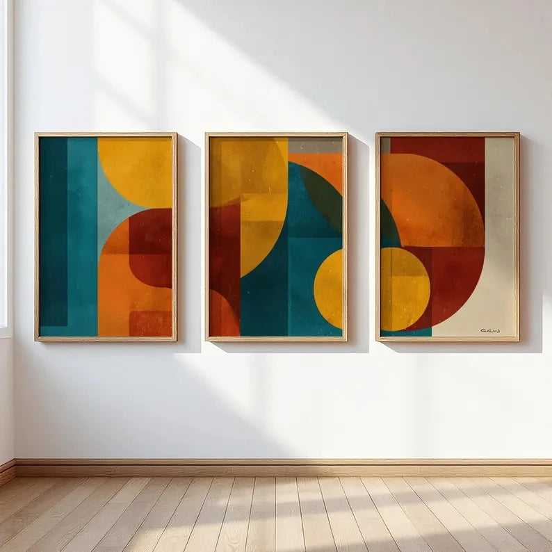3-Piece Bauhaus Abstract Canvas Wall Art | Mustard Teal Orange