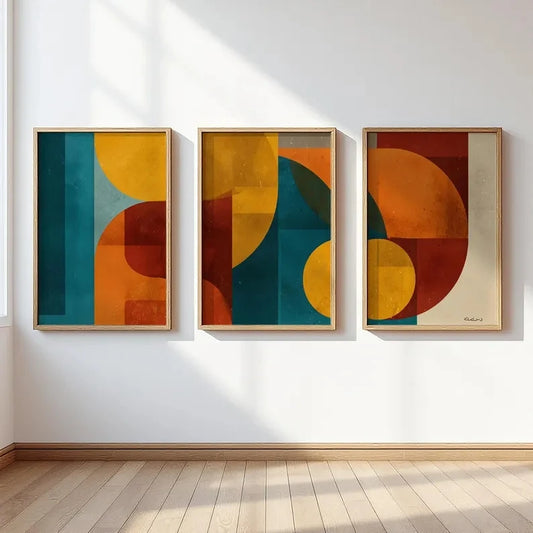 3-Piece Bauhaus Abstract Canvas Wall Art | Mustard Teal Orange Canvas Wall Art Set Peaceful Pleasures Health and Wellness G5348-3pcs 50x70cm Unframed