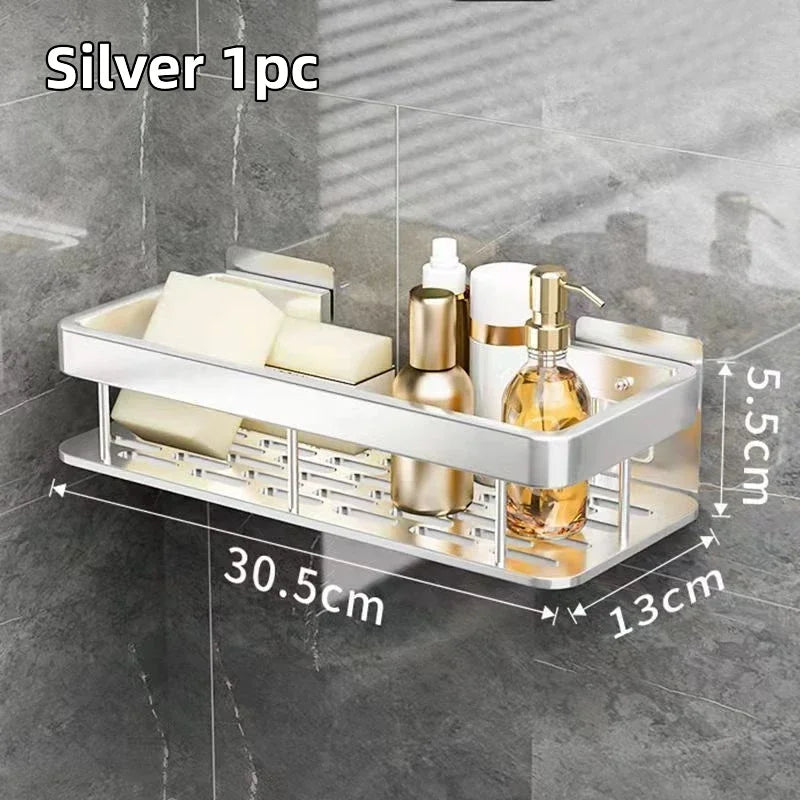 No-Drill Aluminum Shower Shelf | Wall-Mounted Bathroom Organizer