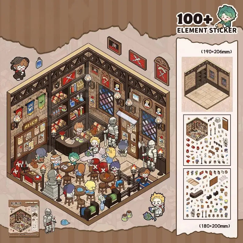 Kawaii 3D Miniature Scene Stickers – Adventure Cabin 4-Pack