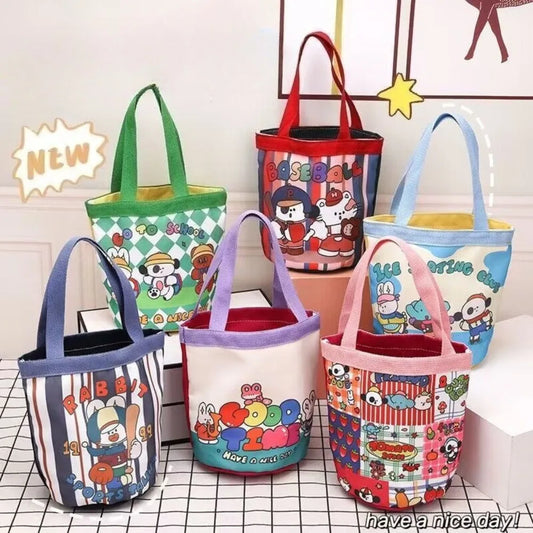 Bucket Bag Portable Cute Animal Pattern Graffiti Handbag Cartoon Print Cylindrical Bag Canvas Bento Bag Handheld Lunch Box Bag Peaceful Pleasures Health and Wellness
