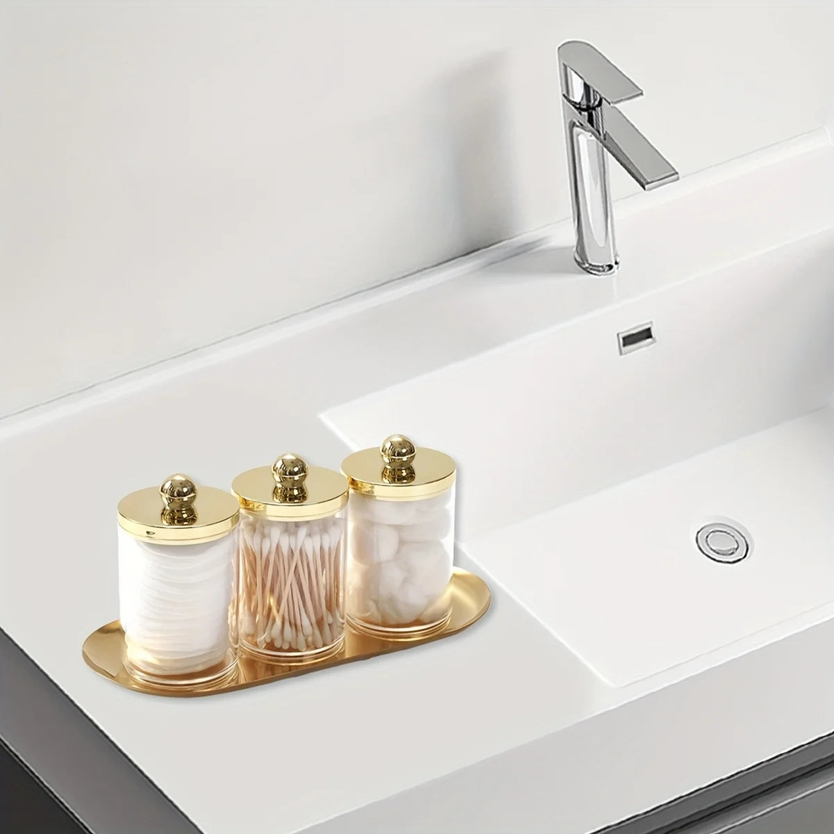 Apothecary Qtip Holder Bathroom Set with Vanity Tray – Acrylic Canister & Dispenser (2 or 3 Piece)