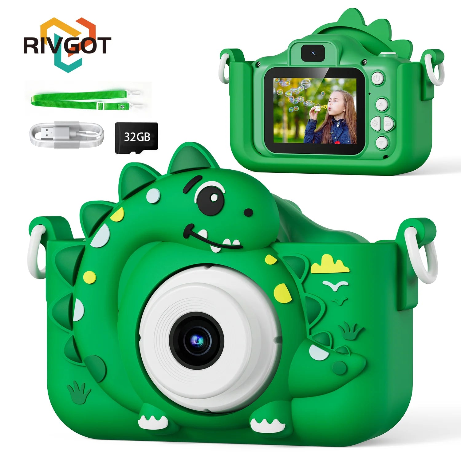 Kids Digital Camera with 32G Card Toy Girl Boy 1080p Hd Screen Outdoor Cartoon Dinosaur Camera Photography Video Birthday Gifts Peaceful Pleasures Health and Wellness