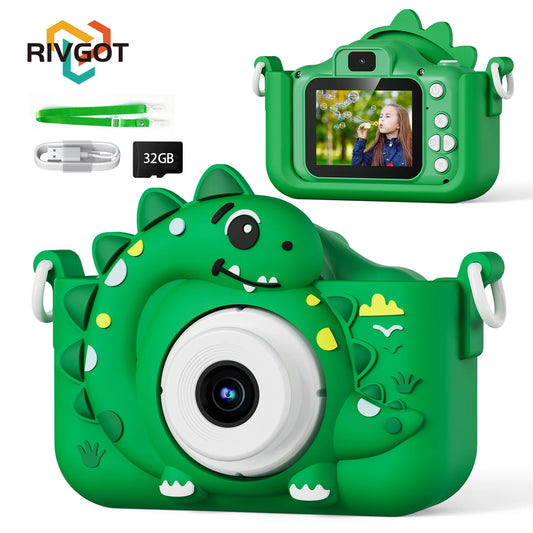 Kids Digital Camera with 32G Card Toy Girl Boy 1080p Hd Screen Outdoor Cartoon Dinosaur Camera Photography Video Birthday Gifts Peaceful Pleasures Health and Wellness