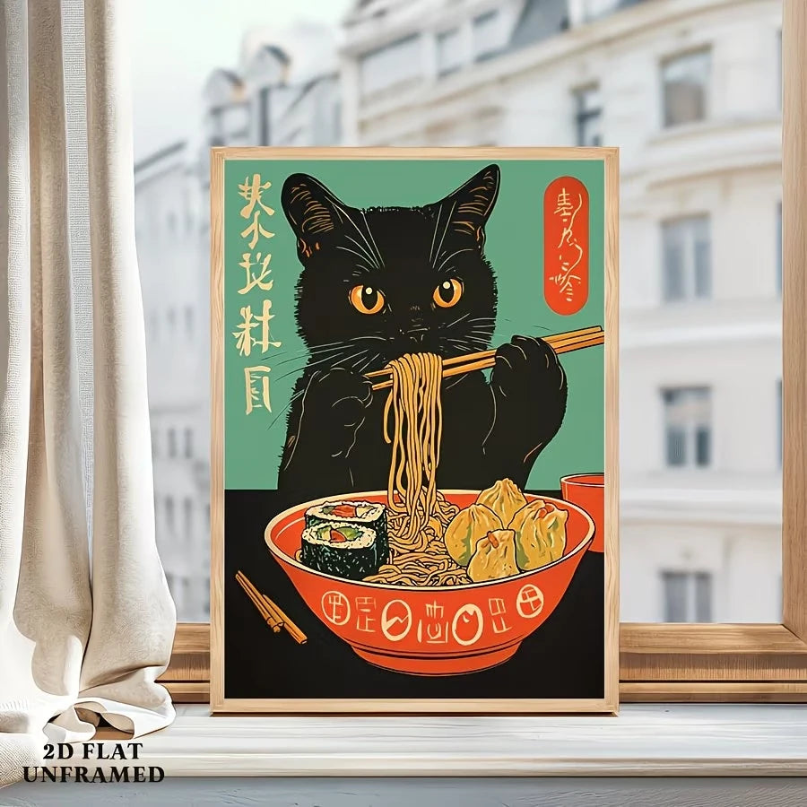 Retro Japanese Ramen Cat Canvas Wall Art Print | Home Decor