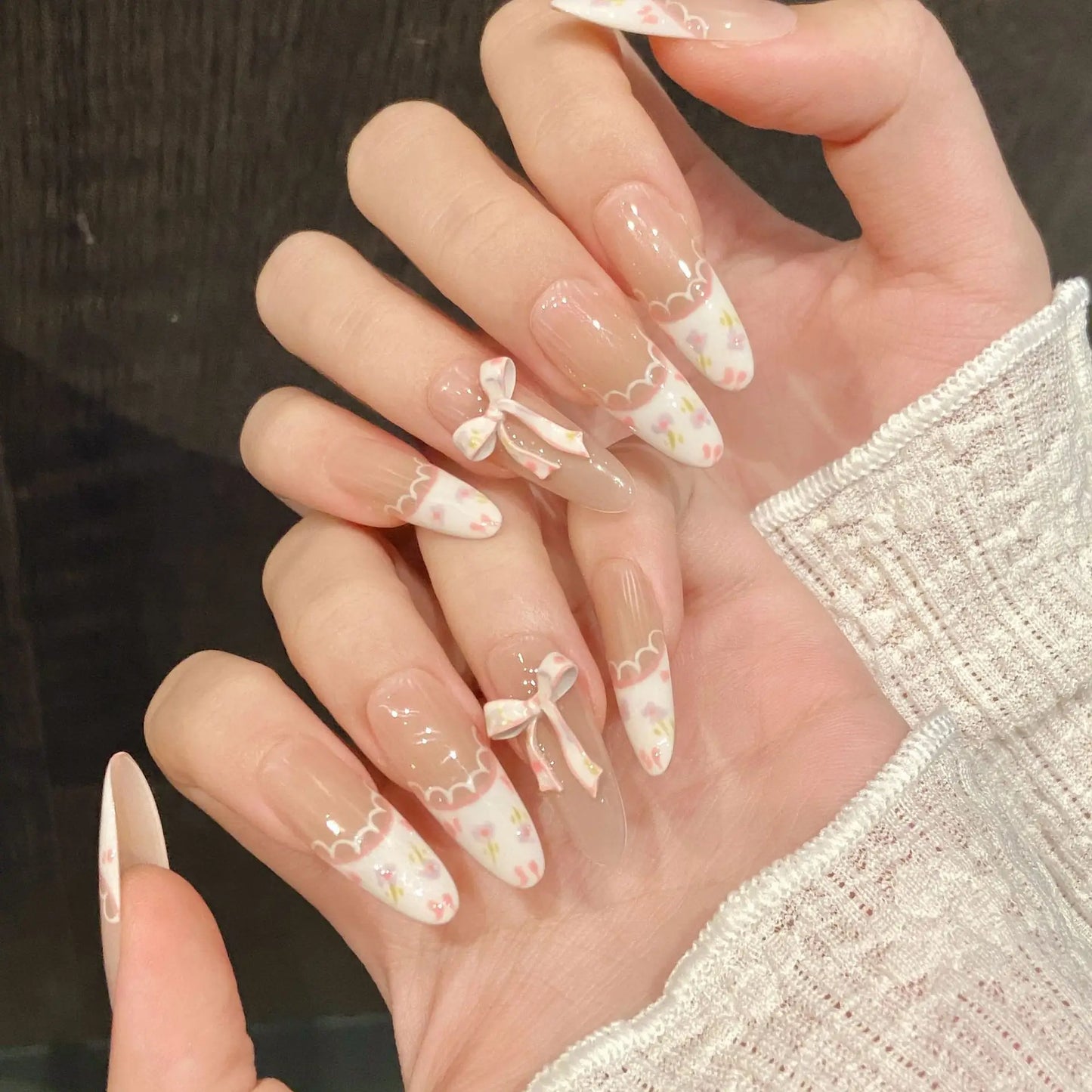 10pcs Handmade Press on Nails with 3d Purple Tulip Flower Fake Nails Wearable Full Cover Long Oval French Bow False Nail Tips Peaceful Pleasures Health and Wellness