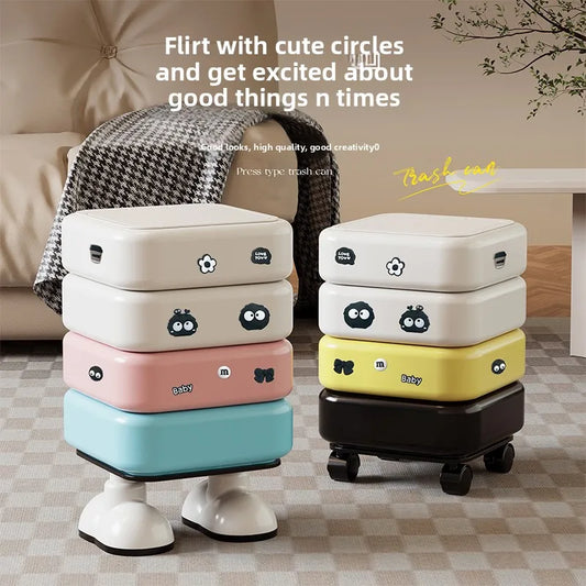 Cartoon Trash Bin with Lid Large Capacity Multi-Functional Mobile Wastebasket Modern Household Storage Organizer Wheels Peaceful Pleasures Health and Wellness