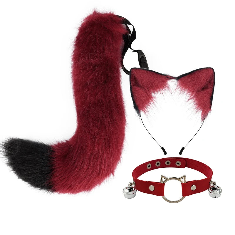 Cat Ear Headband Fox Tail Cosplay Set | Anime Beast Ears Cosplay Accessories Set Peaceful Pleasures Health and Wellness Burgundy