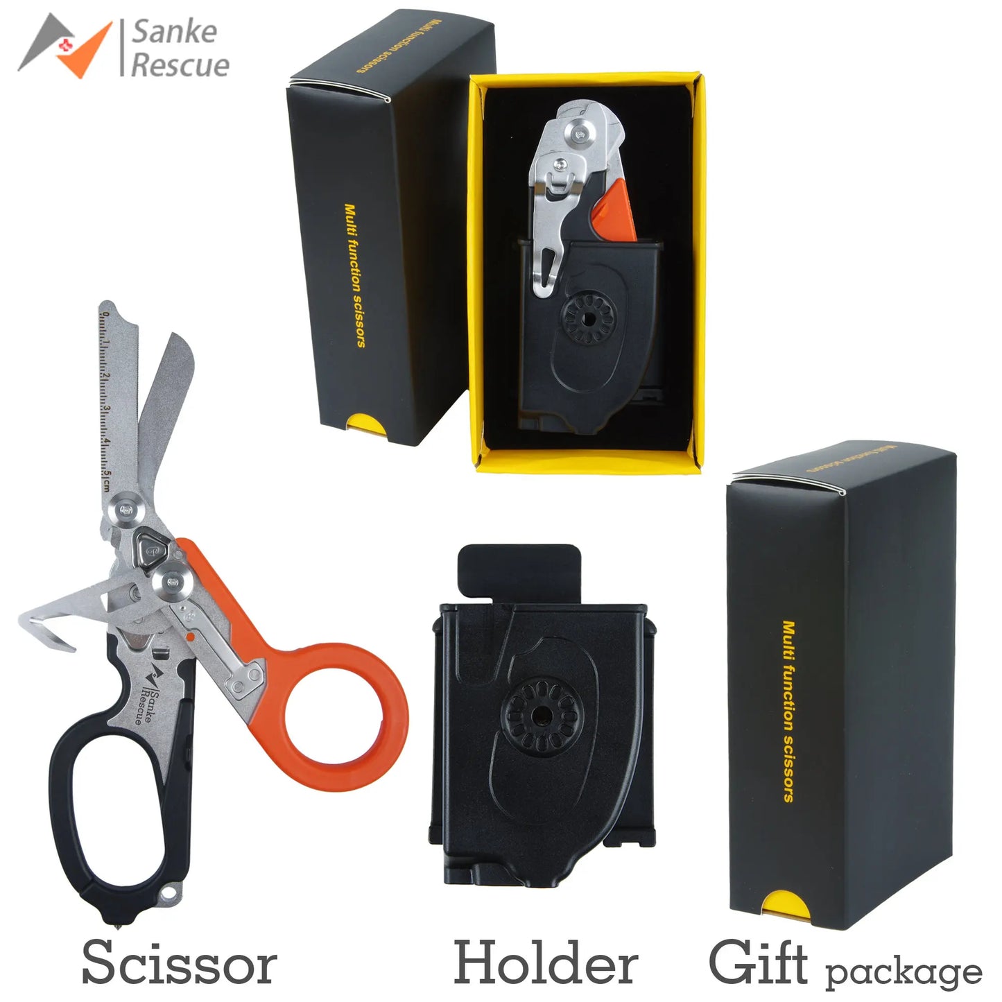 Sanke Rescue Trauma Shears Emergency Scissors Tool Stainless Steel Foldable Trauma Shears with Strap Cutter Glass Breaker EDC Peaceful Pleasures Health and Wellness Or bk set