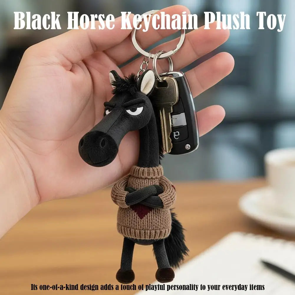 Cool Black Horse Plush Toy Wearing Sweater 2026 Mascot Key Chain