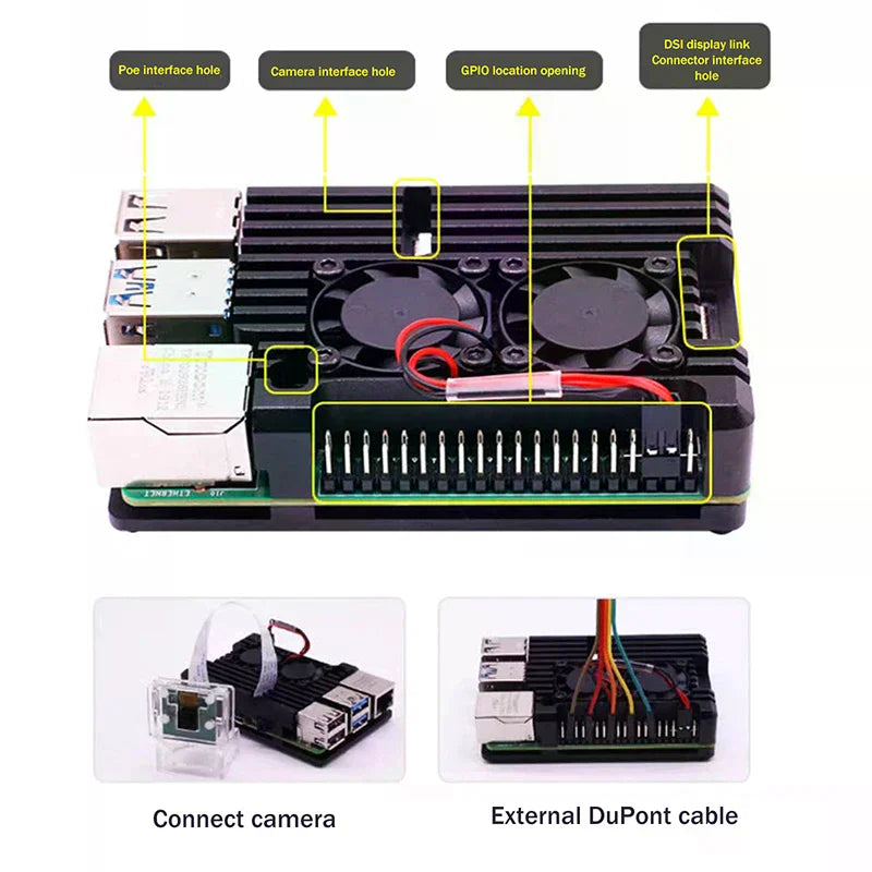 Raspberry Pi 4 Aluminum Case with Dual Cooling Fan – Black Metal