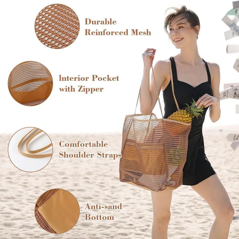 Expandable Mesh Beach Bag for Women – Foldable Crossbody Tote