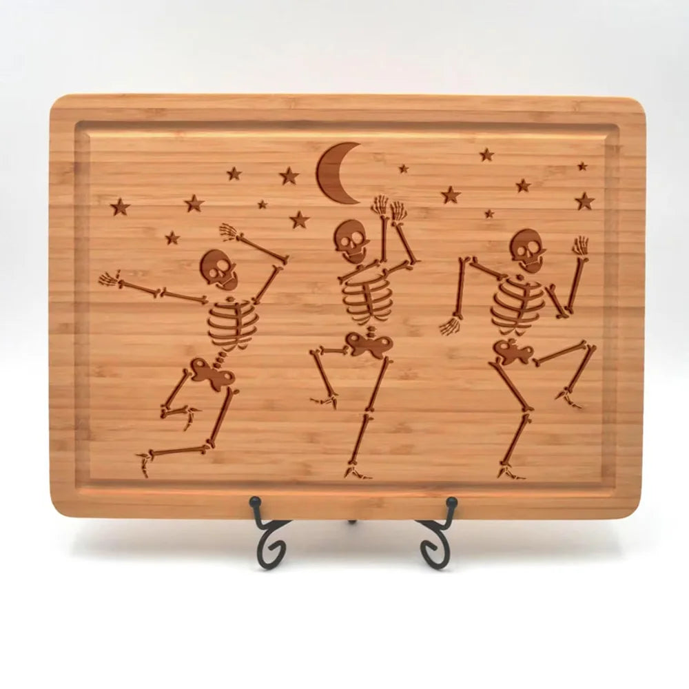 Halloween Skeleton Cutting Board Dancing Skeleton Bamboo Board Spooky Halloween Kitchen Decor Charcuterie Gift Housewarming Gift Peaceful Pleasures Health and Wellness Cutting Board 1pcs 20x28cm