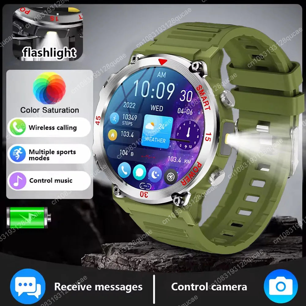 Smartwatch Military Men 360*360 HD Screen Flashlight Health Monitoring Waterproof Heart Rate BT Call Smart Watch For Android IOS Peaceful Pleasures Health and Wellness Green