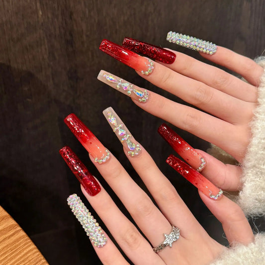 YADORNOS Rhinestone Press-On Nails | Extra Long Red Fake Nails Press-On Nail Set Peaceful Pleasures Health and Wellness