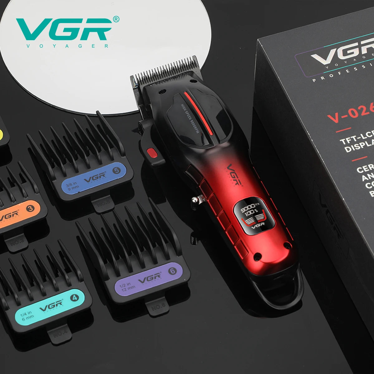 VGR high-end professional hair clipper gradient metal body hair trimmer 9000 RPM LCD digital display electric push shear V-026 Peaceful Pleasures Health and Wellness