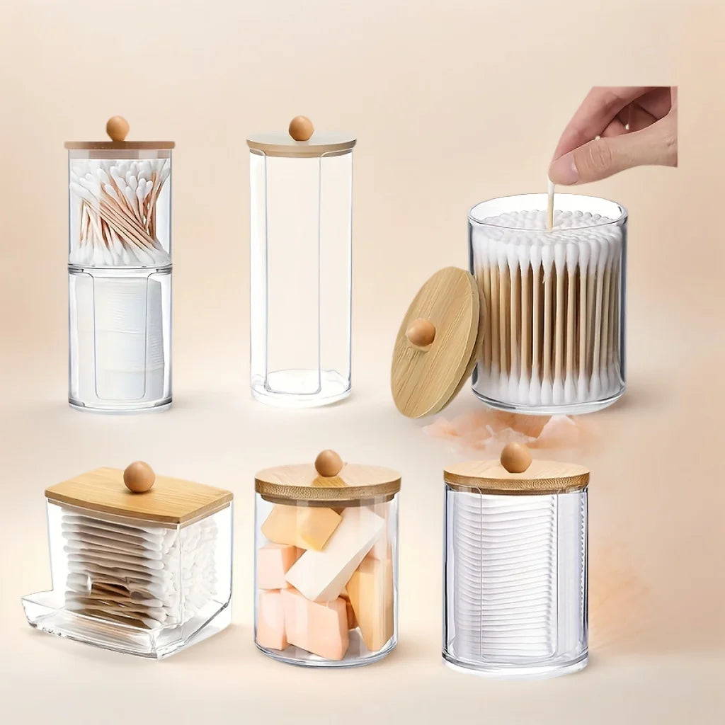Clear Acrylic Swab Holder & Beauty Organizer Jar – Storage Dispenser for Floss, Makeup Pads & Powder Puffs