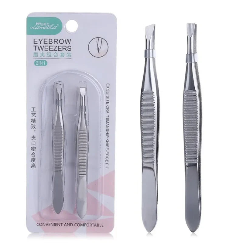 Professional Stainless Steel Eyebrow Tweezers Set – 2 Pcs