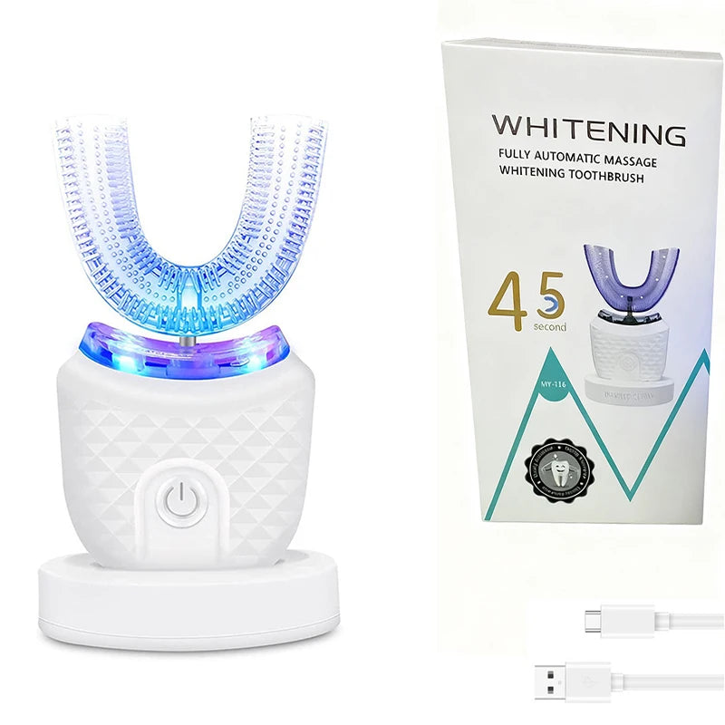 U-shaped ultrasonic IPX7 waterproof wireless electric toothbrush, featuring teeth whitening and deep cleaning functions Peaceful Pleasures Health and Wellness WHITE