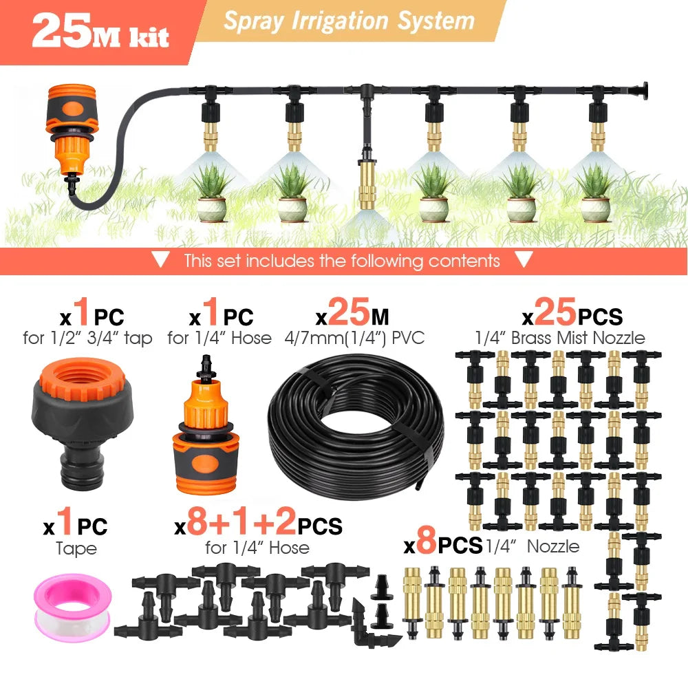 10M-30M Outdoor Misting Cooling System 4/7mm Hose for Patio Greenhouse Garden Irrigation Watering 1/4'' Brass Atomizer Nozzles Peaceful Pleasures Health and Wellness B-25M kit