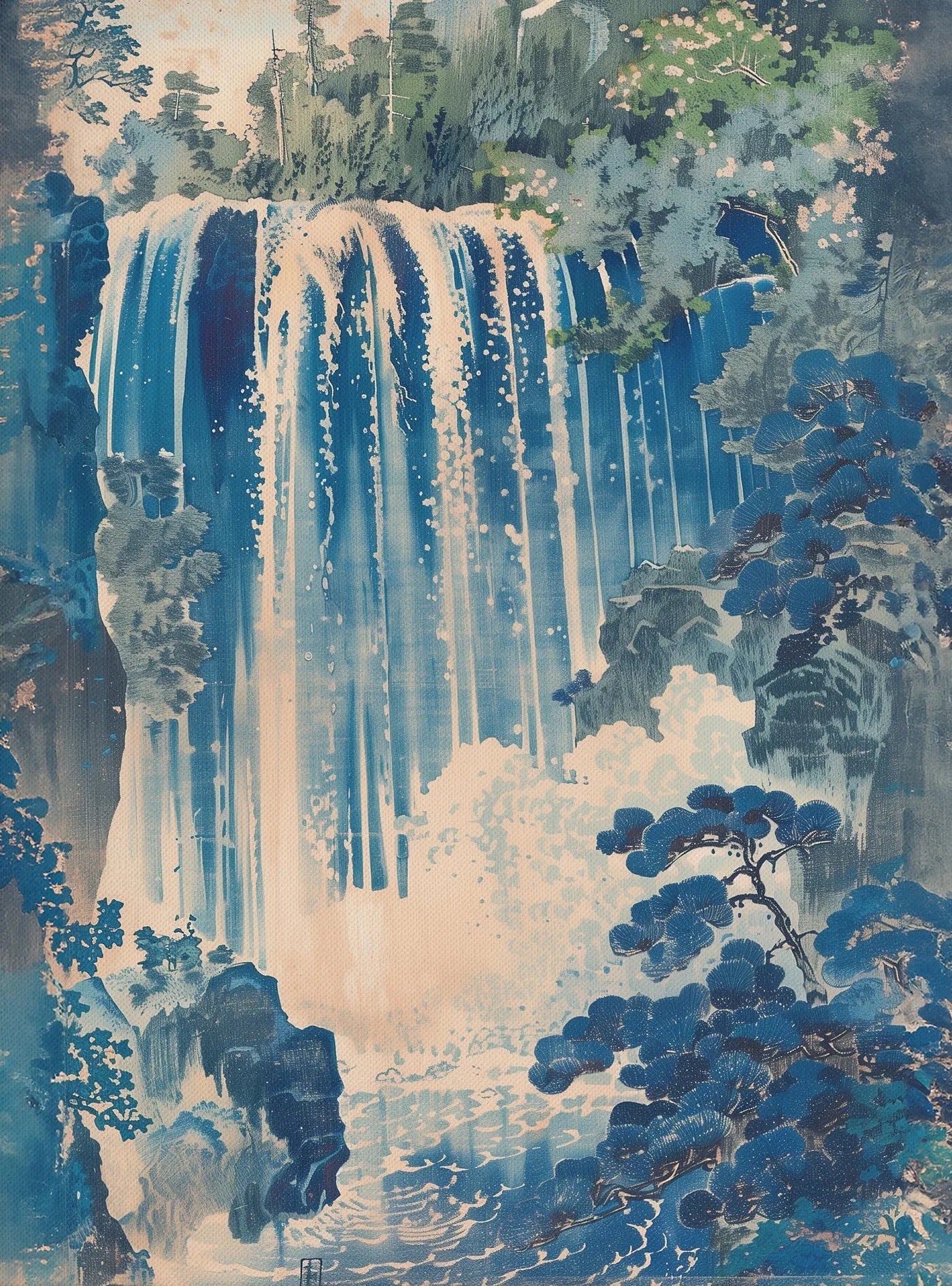 Hokusai Ukiyo-e Japanese Waterfall Canvas Wall Art | Vintage
