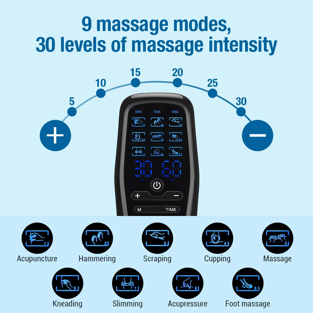 Electric Muscle Stimulator EMS & TENS Unit Pulse Massager for Back Neck Shoulder Knee Joints Full Body Relax 9 Modes 30 Gears Peaceful Pleasures Health and Wellness