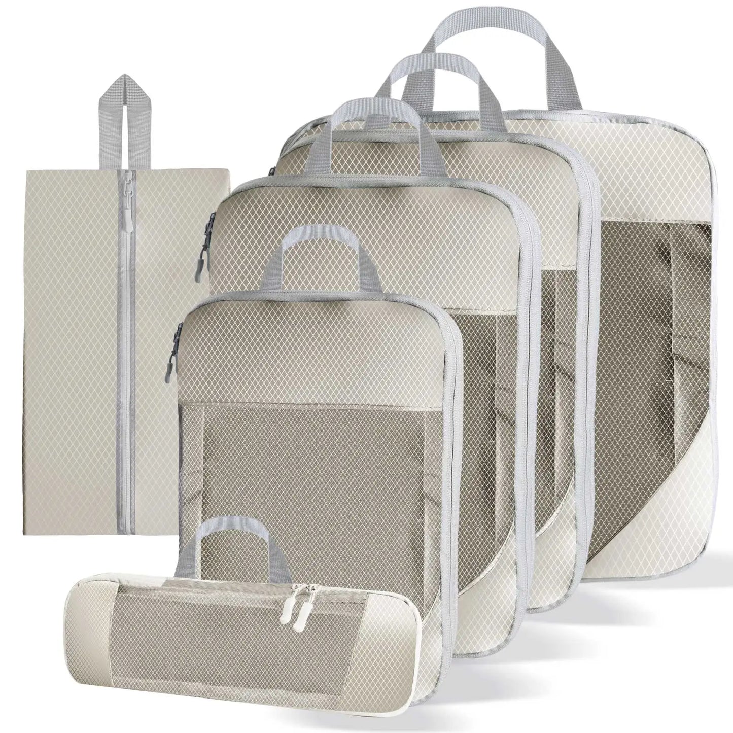 5/8pc Set Compression Packing Cube Extensible Waterproof Organizer Bags for Travel Suitcase Clothing Luggage Sorting W/ Shoe Bag Peaceful Pleasures Health and Wellness 6pcs beige